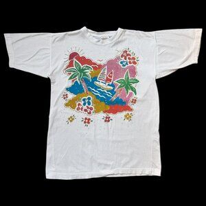 90s vintage Fun Art beach sailing t-shirt single stitch palm tree ocean glitter